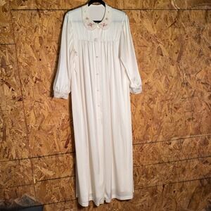 VTG Lorraine Ivory Satin House Dress Robe Floral Lace Collared Elegant Classic L